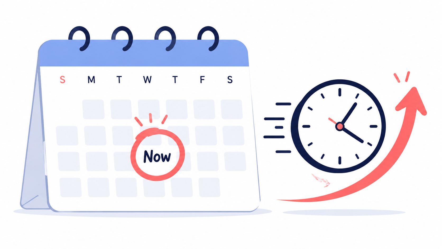 A calendar showing a now highlighted date next to an analog clock with a rising arrow graphic.