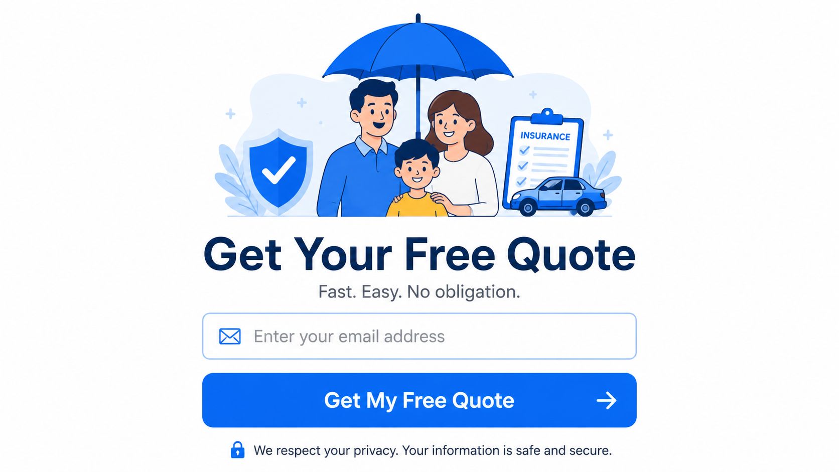 A digital insurance quote signup form featuring a family illustration under a blue protective umbrella.