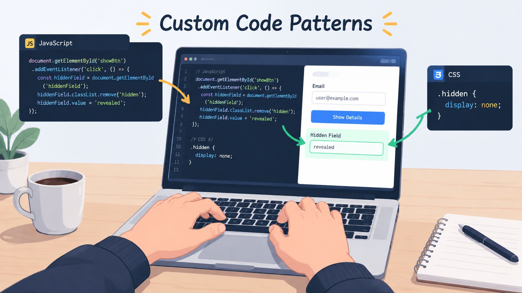 Una persona che scrive codice su un portatile, mentre spiega come funzionano JavaScript e CSS personalizzati con i campi dei moduli.