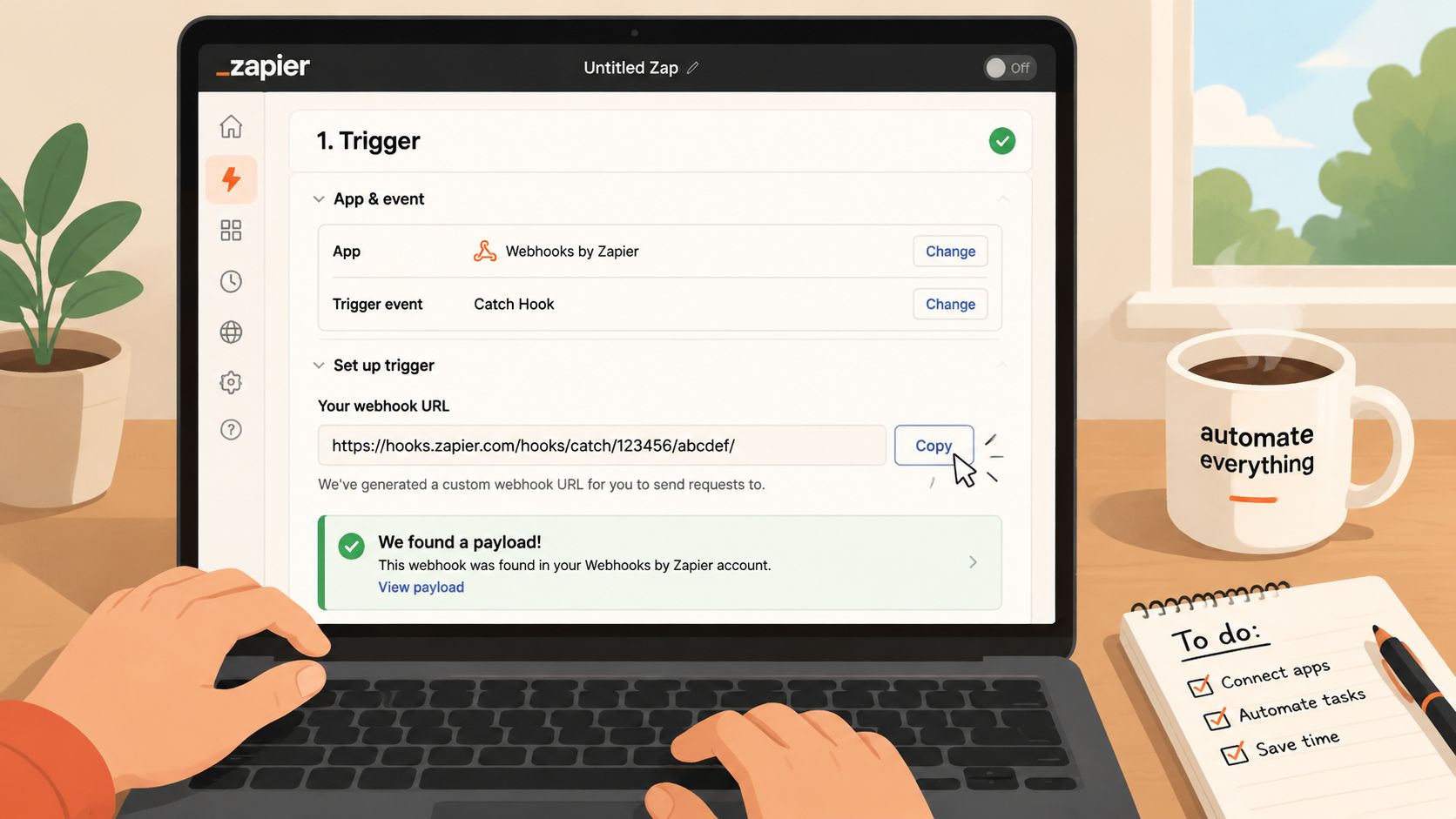 Una persona que usa un portátil para configurar un disparador de webhook de Zapier y automatizar flujos de trabajo digitales.